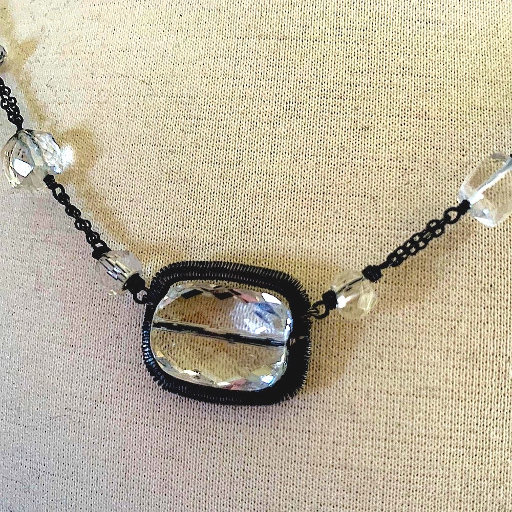 White Topaz & Oxidized silver Wire Wrap Necklace